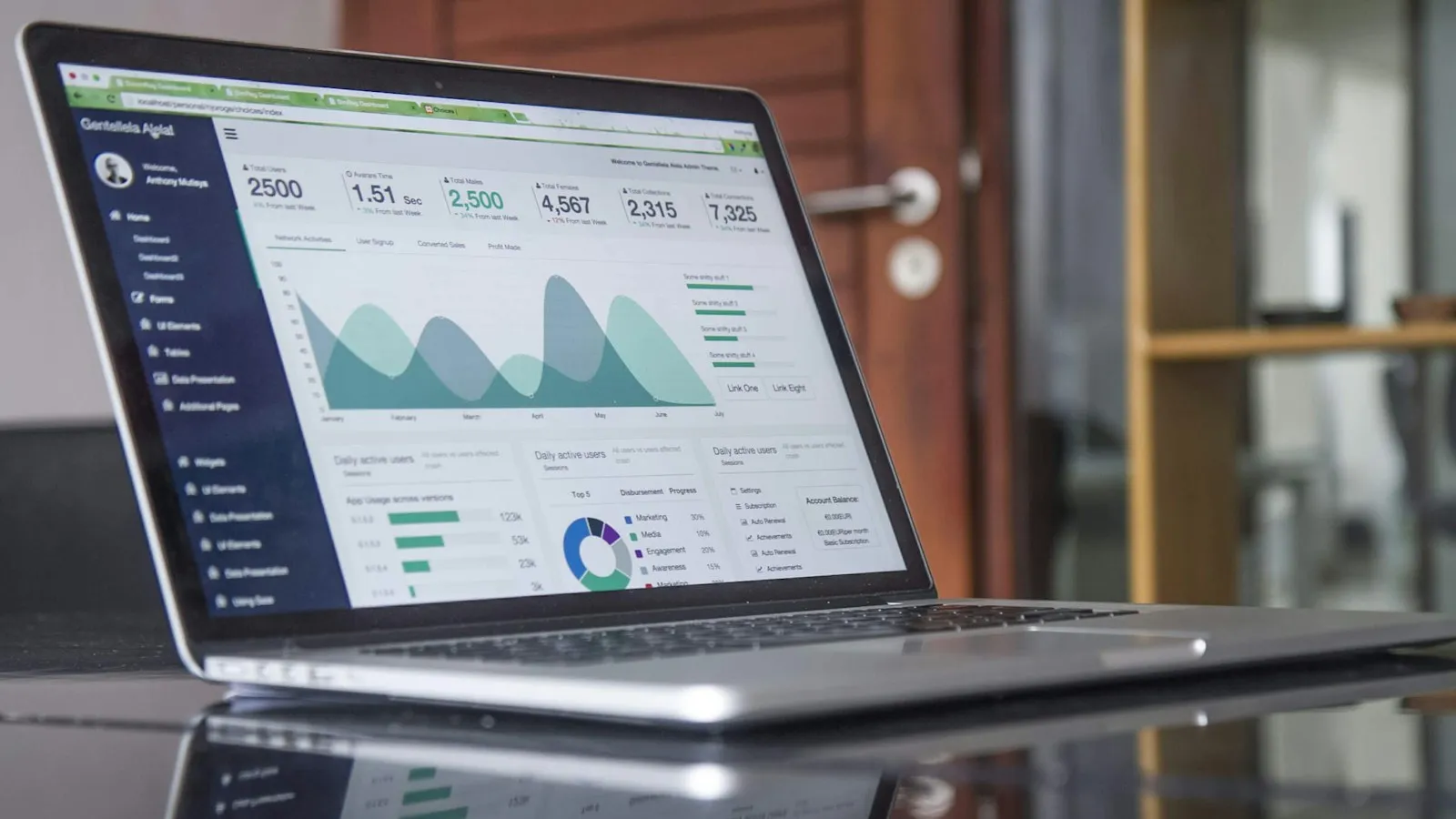 Laptop on a glass table showing an analytics dashboard with area and bar charts, the kind of numbers you check in Pinterest analytics
