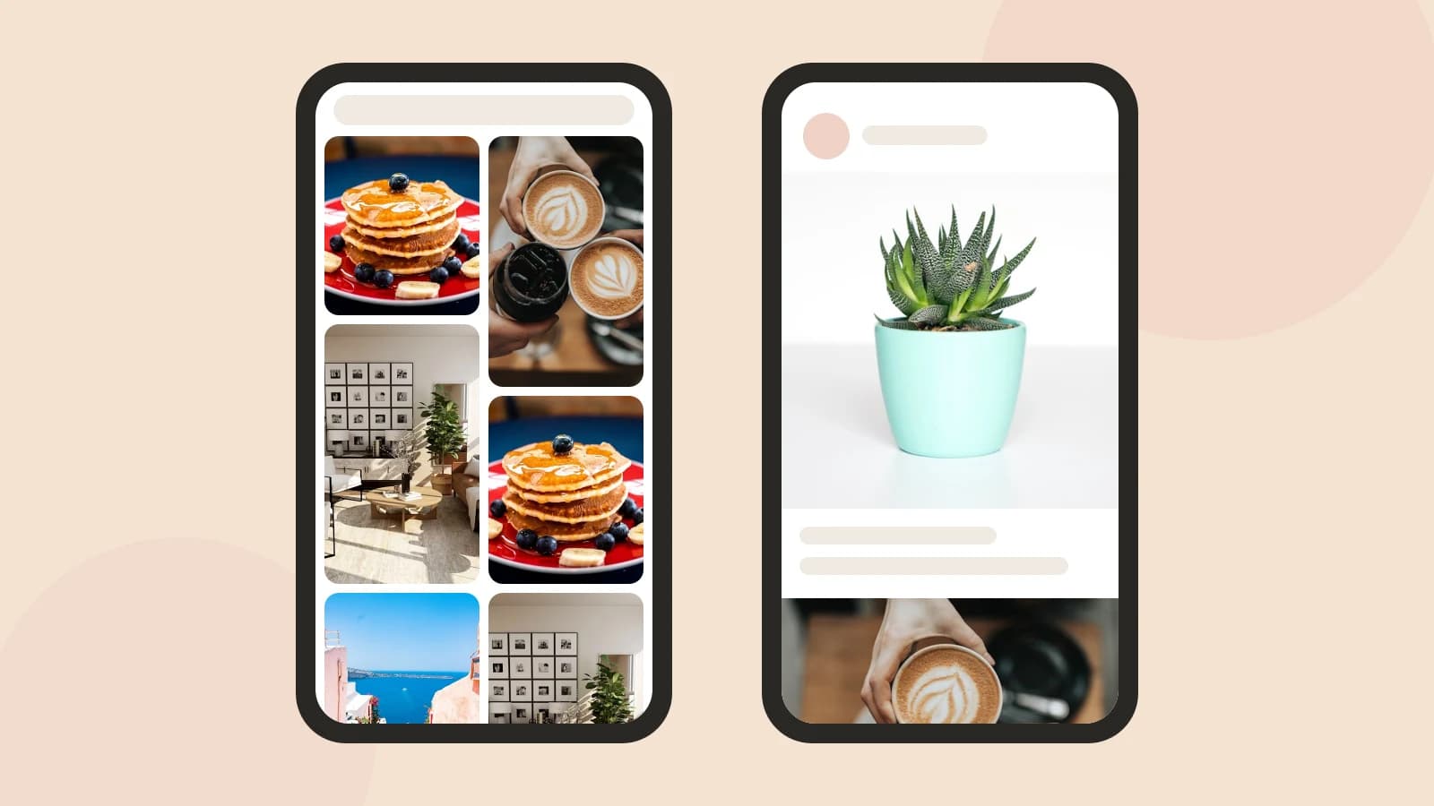 Illustration of two phones side by side: one shows a Pinterest-style grid of tall images, the other an Instagram-style feed of square photos