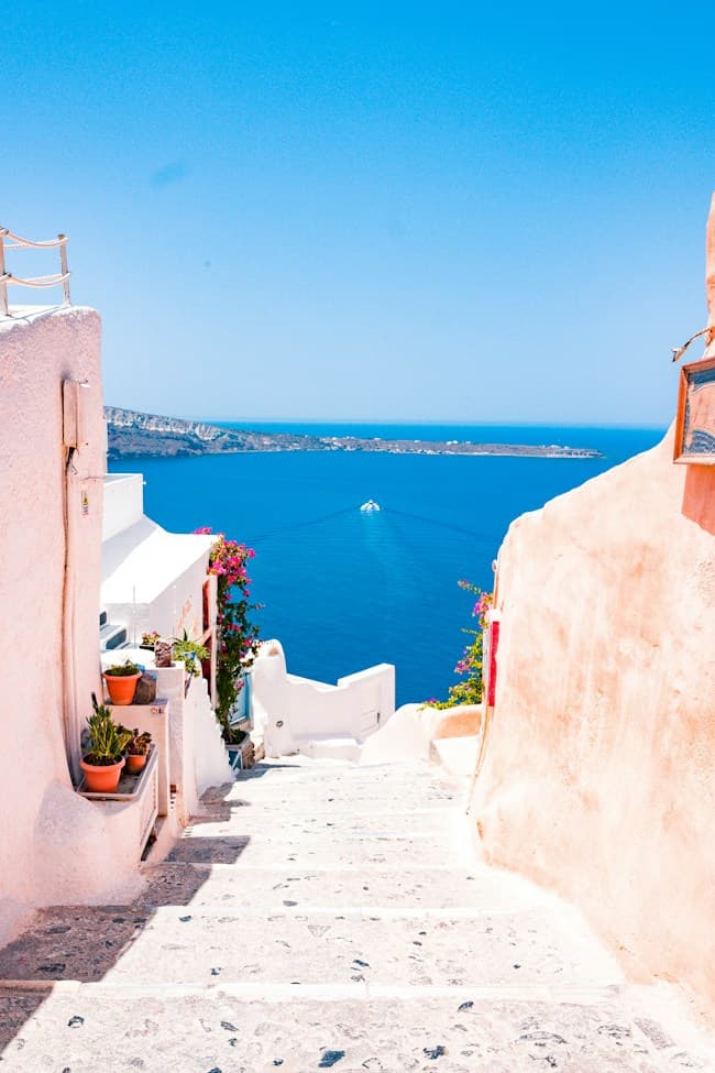 Sunlit coastal town overlooking the Mediterranean
